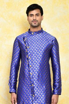 Royal blue jacquard kurta with floral motifs print. Comes with dark beige silk dhoti pant. - Aza Fashions Blue Kurta With Traditional Patterns For Ceremonies, Fitted Blue Kurta With Traditional Patterns, Blue Traditional Wear With Long Sleeves And Traditional Patterns, Blue Nehru Jacket For Diwali With Traditional Drape, Blue Traditional Drape Nehru Jacket For Diwali, Blue Ceremonial Kurta For Festivals, Ceremonial Blue Kurta For Festivals, Bandhgala With Traditional Patterns For Diwali, Traditional Drape Bandhgala With Patterns For Diwali