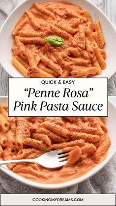 penne pasta with sauce in a white bowl