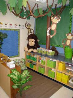 an image of a classroom setting with monkeys on the wall and green plants in pots