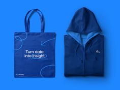 a blue tote bag next to an image of a hooded jacket on a blue background