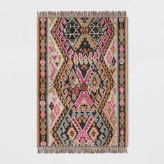 a multicolored rug with fringes on it