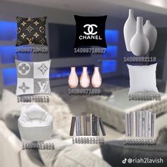 there are many different types of pillows and vases in this room with the name chanel on it