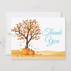 a thank card with an autumn tree and pumpkins