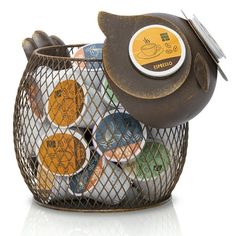 a basket filled with lots of different types of coins and tins on top of each other