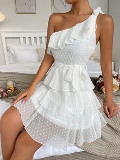 White Boho Collar Sleeveless Chiffon Plain A Line Embellished Non-Stretch  Women Dresses Chique Outfit, Ice Dresses, Ruffle Mini Dress, Elegantes Outfit, Mode Inspiration, White Mini Dress, Belted Dress