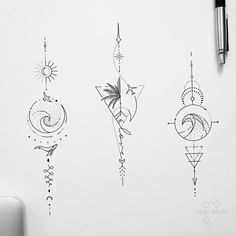 three different designs on a white wall next to a pen and ink drawing pencils