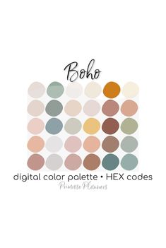 the back side of a white background with different color palettes and text that reads boho