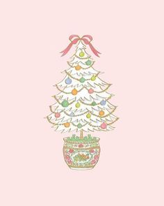 a christmas tree in a pot with a pink background