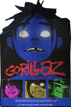 the poster for gorillaz is displayed in front of a white background with three different colored images