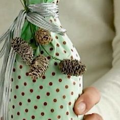 a person holding a green bag with pine cones on it and ribbon tied around the top