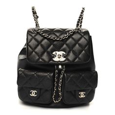 This is an authentic CHANEL Shiny Caviar Quilted Medium Duma Pockets Drawstring Backpack in Black. This stylishbackpack is beautifully crafted of shiny caviar leather in black. The backpack features polished light gold chain link leather threaded shoulder straps, two external pockets, a facing flap that opens with a polished gold Chanel CC turn lock, and closes with a matching leather threaded chain cinch-cord. This opens to a spacious black fabric interior with a patch pocket. Elegant Backpacks, Thread Chains, Chanel Backpack, Light Backpack, Gold Chanel, Stylish Backpacks, Chevron Quilt, Leather Thread, Chanel Caviar