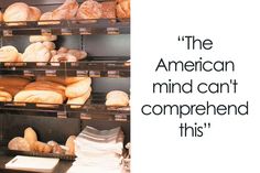 an advertisement for the american mind can't comprehend this, with breads and croissants on shelves