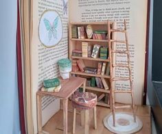 an open book with bookshelf and table in it