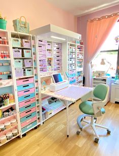 a room filled with lots of crafting supplies and storage shelves on the wall next to a window