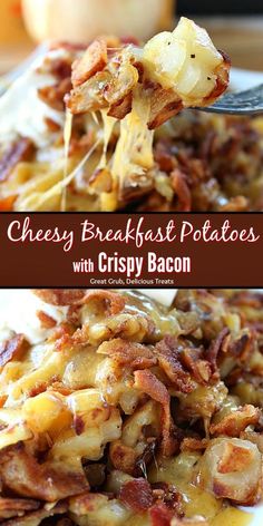 the cheesy breakfast potatoes with crispy bacon are ready to be eaten on the table