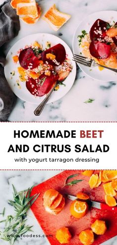 homemade beet and citrus salad with yogurt tarragn dressing on the side