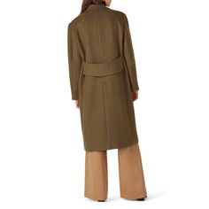 Green wool (40% Wool, 30% Lyocell, 30% Polyamide). Jacket. Long sleeves. Front button closure. Fully lined. Pockets. 44" from shoulder to hemline. Imported. Tailored Spring Wool Coat With Concealed Placket, Tailored Wool Coat With Button Cuffs For Office, Fall Wool Coat With Button Cuffs For Work, Formal Wool Coat With Button Cuffs For Fall, Structured Outerwear With Button Cuffs For Work, Casual Outerwear With Concealed Front Fastening For Fall, Spring Wool Outerwear With Concealed Placket, Structured Wool Outerwear For Spring, Spring Wool Pea Coat With Hidden Button Closure