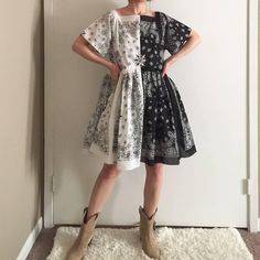 "Handmade Bandana Dress Split Half&Half Black&White. 100% handmade in Houston, Texas Made to order. Sizes XS to 5X. Approximate measurements of SIZE L laying flat: Pit to pit: 19.5\". Pit to hem: 25\". Shoulder to hem: 35.5\". Waist: 19.5\". Seen on 5'5\" tall. Style: - 100% Cotton - The dress can be worn to either side.  - Unlined. - No pockets.(Leave a note if you need side pockets XD) Sizing(I can make this dress in any sizes upon request):  Feel free to REQUEST CUSTOMIZED Order. You will nee Bandana Dress Pattern For Women, Bandana Dress, Jackson Wyoming, Diy Wardrobe, Knee Brace, Black & White, Houston Texas, Fashion Sewing, Stunning Dresses