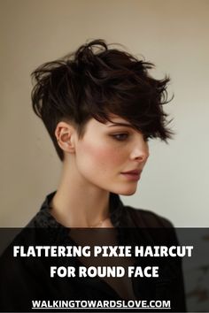 Woman with a stylish pixie haircut, suitable for a round face.