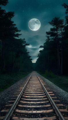 a train track with the moon in the sky above it and trees on either side