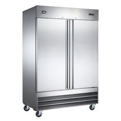 a stainless steel double door refrigerator on wheels