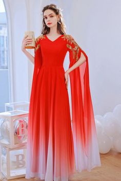 Shop ombre chiffon red party dress with flowing long sleeves online. Sheprom offers formal, party, casual & more style dresses to fit your special occasions. Shefong Dress Long, Shefong Dress, Acotar Wedding, Ombre Prom Dresses, Blue Ball Gowns, Red Chiffon, Red Party, Chiffon Evening Dresses, Beaded Chiffon