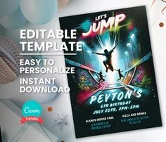 a party flyer with balloons and confetti in the shape of people jumping on a trampoline