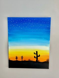 an acrylic painting of a cactus at night with the stars in the sky