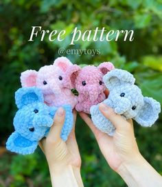 four small crocheted elephants are held in their hands with the text free pattern