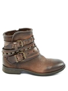 YKX&CO Brown Leather Buckle Ankle Biker Boots Size US 8.5  EU 40  Italy - SVNYFancy Brown Ankle Moto Boots With Buckle, Brown Ankle Moto Boots With Buckle Closure, Brown Punk Ankle Moto Boots, Brown Moto Boots With Rivets For Winter, Punk Style Brown Ankle Moto Boots, Rugged Boots With Rivets And Round Toe, Brown Biker Boots For Fall, Brown High Ankle Moto Boots With Buckle Closure, Brown Ankle Moto Boots With Rivets