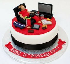 a birthday cake with a person sitting in a chair