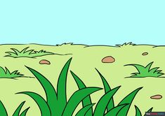 a cartoon scene with grass and rocks in the background