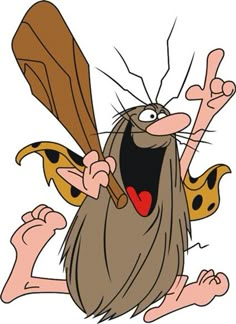 cartoon character holding a baseball bat with his mouth wide open and hands in the air