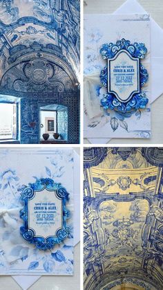 blue and white wedding stationery with gold foiling on the front, inside and out