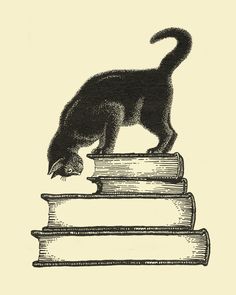 a black cat standing on top of some books