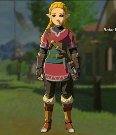 the legend of zelda character is standing in front of a green field with trees