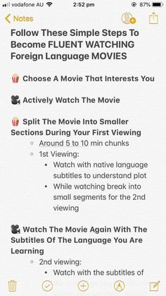 an iphone screen with the text, follow these simple steps to become fluent watching foreign language movies