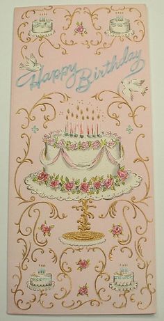 a pink birthday card with a cake on it