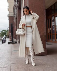 White Coat Outfit, Winter White Outfit, White Boots Outfit, Sleeved Velvet Dress, Shoe Heels, Beige Outfit, White Outfit, White Boots