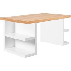 a white desk with a wooden top and two shelves on one side, against a white background