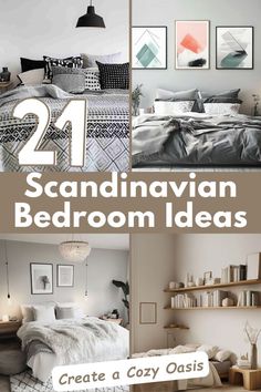 there are pictures of the same room in this house with text overlay that reads 21 scandinavian bedroom ideas create a cozy oasis