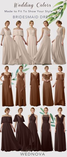 bridesmaid dresses in different colors and styles, with the names for each dress