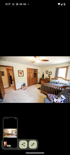 an image of a living room and bedroom with the camera attached to the ceiling fan