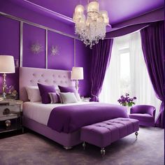 purple bedroom with chandelier and bed in the middle, curtains on both sides