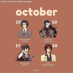 an anime poster with the characters in their respective outfits and date for october on them