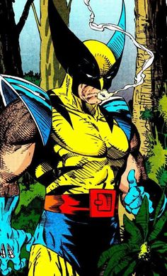 a comic character in yellow and blue with his fist out, standing next to some trees