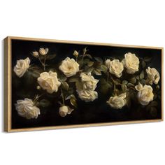 a painting of white roses on a black background