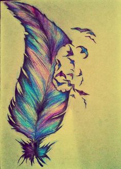 a drawing of a colorful feather with birds flying around it