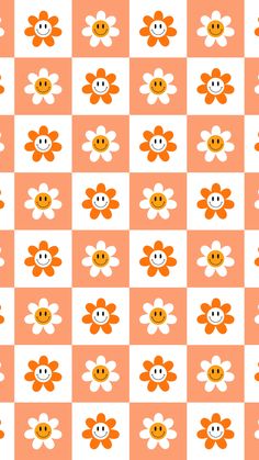 an orange and white checkered pattern with flowers on the front, two smiling faces in the middle