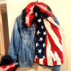 Removable Faux Fur Lining, Excellent Like Brand New Condition Red Denim Jacket For Winter, Americana Long Sleeve Winter Outerwear, Red Denim Trendy Outerwear, Americana Style Long Sleeve Winter Outerwear, Red Trendy Denim Outerwear, Jean Coat, Jean Jacket, Red Blue, Red And Blue